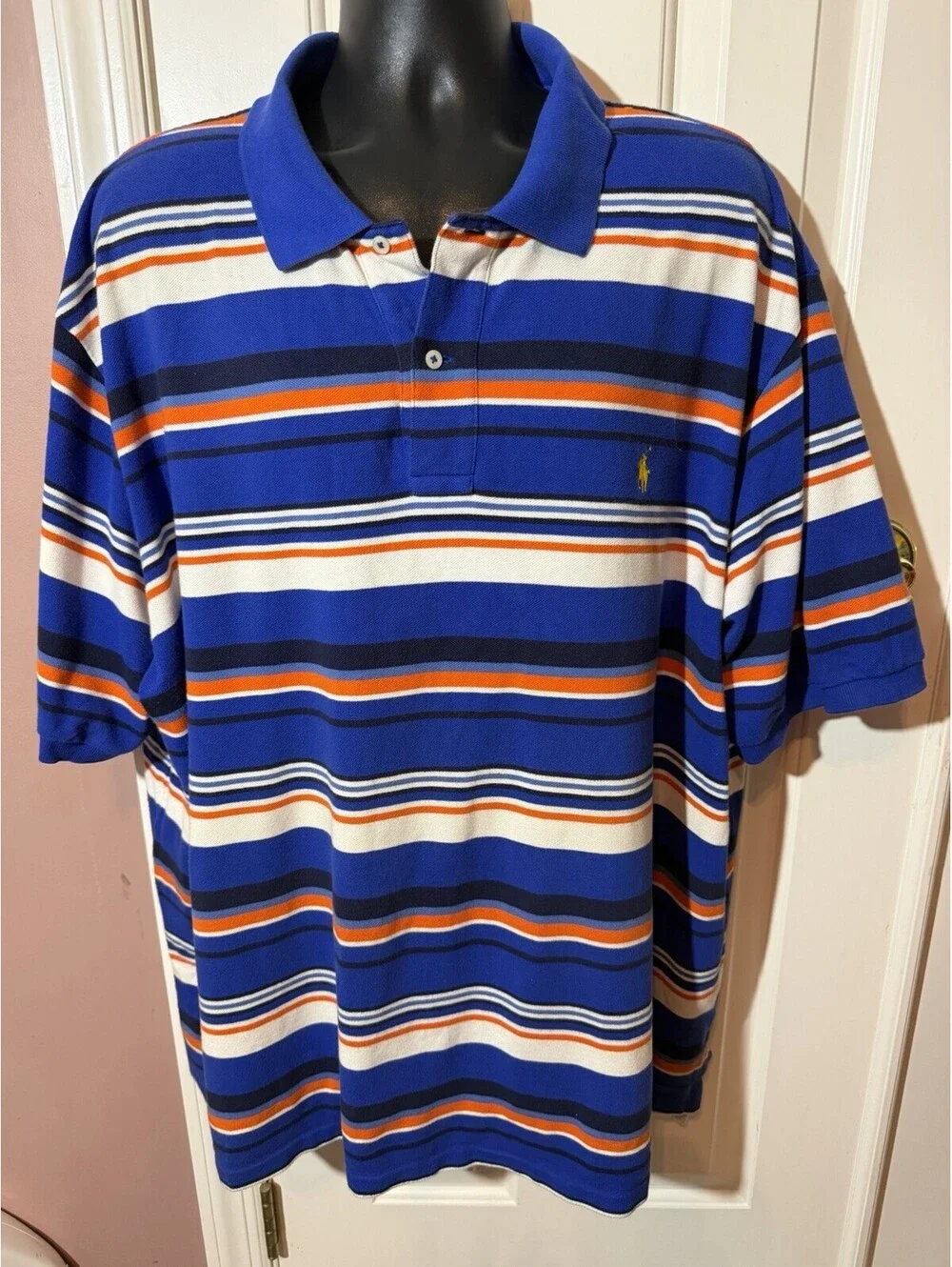 Polo Ralph Lauren Mens 3XB Big Blue Orange Striped Pique Polo Shirt Cotton